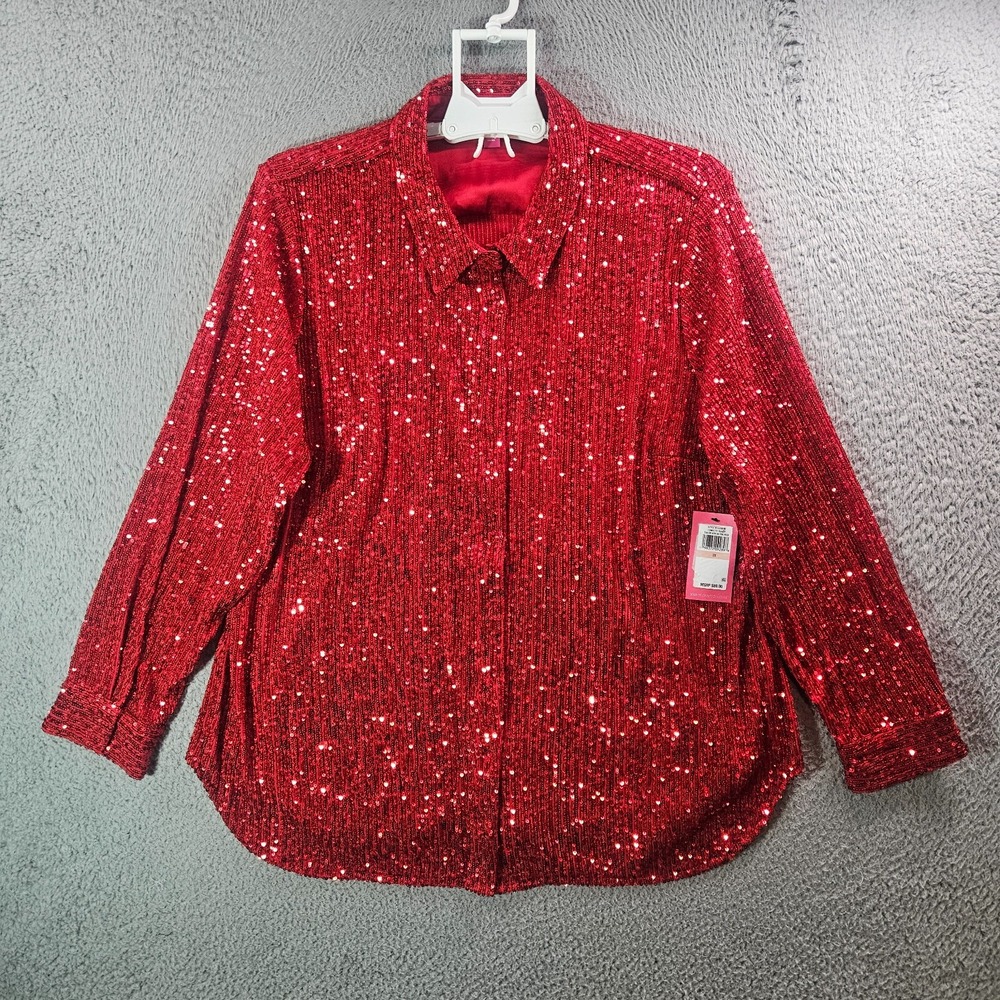 $89 NEW Vince Camuto Shirt Top Women 2X Confetti Ready Red Sequin Snap Button